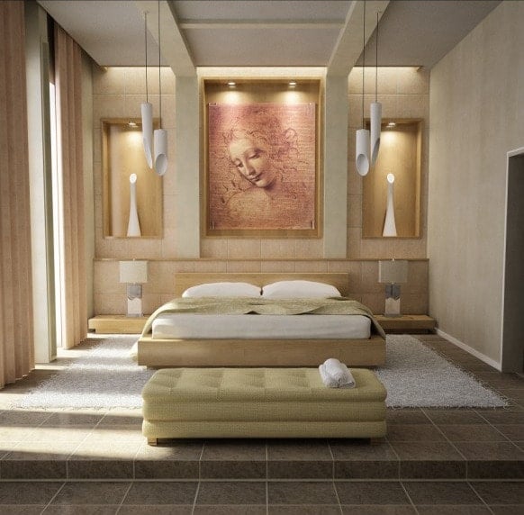 The above image is an example where both sides of the bed are easily accessible. bedroom wall art both side accessible bed - 27 Feng Shui Tips to Attract Love and Improve Romance