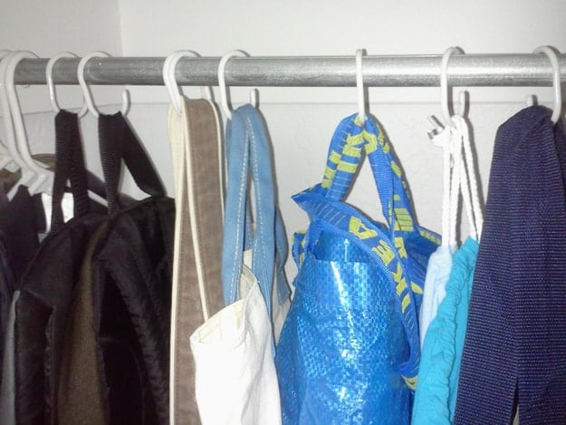 Hang bags with shower curtain hooks - 19 Easy Decluttering Tips to Improve Feng Shui and Your Life Hang bags with shower curtain hooks - 19 Easy Decluttering Tips to Improve Feng Shui and Your Life
