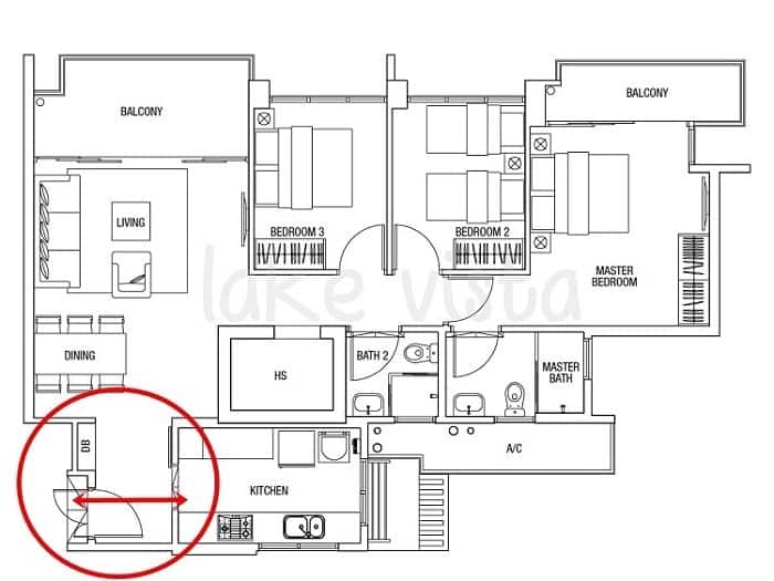 In this floor plan, the front door directly faces the kitchen and is not a good Feng Shui setup. Image credit: Feng Shui Master Pte Ltd main door n kitchen feng shui lead to kitchen door min - 33 Kitchen Feng Shui Rules and Tips – Location, Stove, and Basics