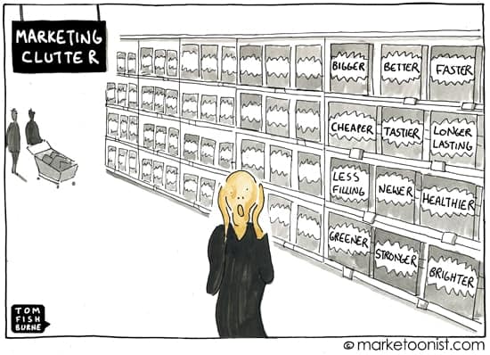 Today, we are constantly bombarded by marketing messages that make us buy goods that we don’t really need. Marketing Clutter cartoon min - How Clutter Affects You and (Maybe) Your Home’s Feng Shui
