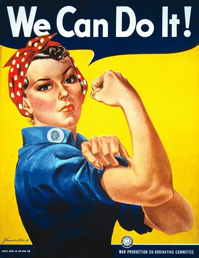 This is an iconic figure of a strong female war production worker that was later used to promote feminism. Source: Wikipedia We Can Do It war production female workforce min - Applying Feng Shui to Couples with Opposite Kua Groups