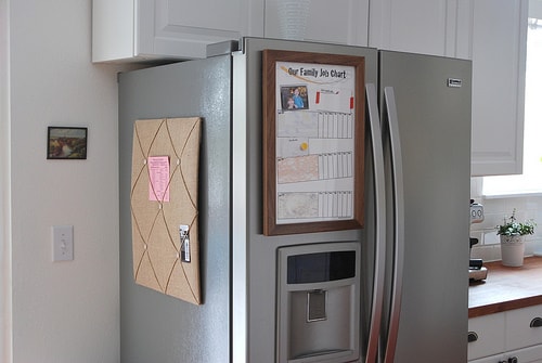 Keeping your decluttering plan visible, like on a whiteboard in the kitchen. Whiteboard on kitchen refridgerator - 19 Easy Decluttering Tips to Improve Feng Shui and Your Life