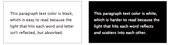 Which one is easier to read? The white text on black or black text on white? Black text on white vs White text on black - Feng Shui Colors: The Science and Psychology Behind It